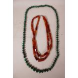 A twin string of agate beads and string of graduated malachite beads, longest 40"