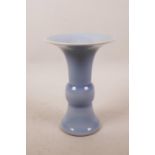 A Chinese duck egg blue glazed porcelain Gu vase, seal mark to base, 7" high