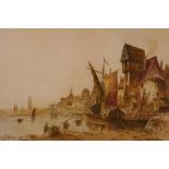 W. Allsebrook, 1916, port scene with a figure on the shore, watercolour, 17½" x 11"