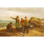 In the manner of George Morland, Fisherfolk on the Shore, antique oil on canvas laid on card,