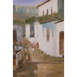 J. Hautman, figure in a Mediterranean town, impressionist style oil on board, 12" x 17"