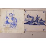 A late C18th/early C19th Delft blue and white tile painted with a windmill in a landscape, 5¼"