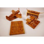 Three carved wood animated models, two A/F, and a hardwood jigsaw puzzle