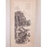 A Chinese monochrome watercolour scroll depicting a mountain landscape, 16½" x 44"