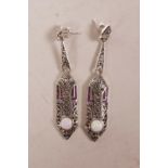 A pair of Art Deco style 925 silver earrings set with marcasite, opalite and ruby, 2" long