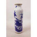 A Chinese blue and white porcelain cylinder vase decorated with birds amongst bamboo, 9½" high