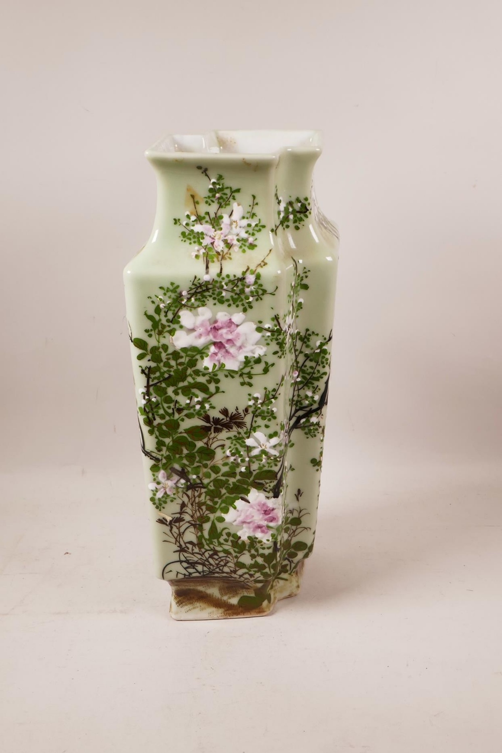 An Oriental celadon glazed vase, with raised enamel decoration of birds and blossom, 16" high - Image 2 of 4