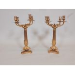 A pair of ormolu Regency style four branch candelabra with fluted columns, raised on paw feet, 19"