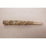 A Chinese white metal cheroot holder with dragon head decoration, impressed 2 character mark, 5"