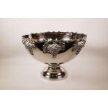 A large plated punch bowl with raised fruiting grapevine decoration, 15" diameter