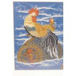 An Oriental hand finished picture of a cockerel and hen on a floating drum, 7" x 9"
