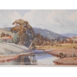 R.E. Thompson, landscape with farmstead by a river, inscribed verso 'Apollo Bay', signed, 18" x 12"