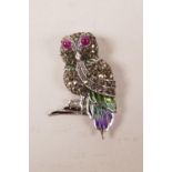 A 925 silver brooch in the form of an owl with plique-à-jour feathers and set with marcasite, 2"