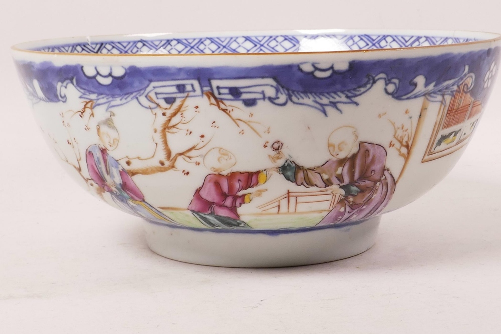 A late C19th Chinese famille rose porcelain bowl decorated with figures in garden scenes in bright - Image 2 of 2