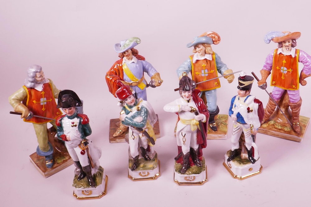 Four Continental porcelain figurines of d'Artagnan, and The Three Musketeers, 8" high, together with - Image 2 of 2