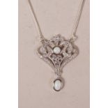 A 925 silver, cubic zirconium and opalite set Belle Époque style necklace, 1" drop