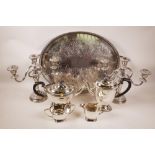 A silver plated oval gallery tray with engraved decoration, 22" x 14", together with a Sheffield