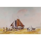 De Goede, Dutch fisherfolk unloading the catch on the foreshore , signed, watercolour, 23" x 16½"