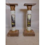 A pair of pedestals with marble tops and bases, ornate mounts and painted metal columns, 45" high