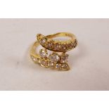 An 18ct yellow gold, three row diamond set dress ring, approximate size 'O'