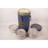 A vintage thermos food container with three fitted aluminium food boxes, 7½" diameter, 14" high