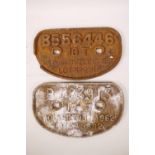 Two cast iron railway wagon plates, 11" x 6½"