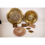 A collection of decorative metal wares including a Persian copper cigarette box and tray, Egyptian