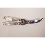 A pair of silver handled poultry shears, marked Sterling, 10" long