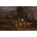 Drovers with cattle and sheep, indistinctly monogrammed (William Eddowes Turner?), C19th oil on