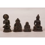 Three Sino-Tibetan miniature bronzes of Buddha and another of Ganesh, 1" largest