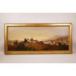 Figures in a highland landscape C19th oil on millboard, 11" x 28"