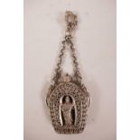 A Chinese white metal filigree reticulated scent holder flask with decoration of Quan Yin, 2½"