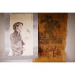 A Chinese watercolour scroll depicting a Chinese gentleman, and another depicting riders on