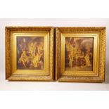 A pair of C19th Continental overpainted prints on canvas, interior genre scenes, in good gilt