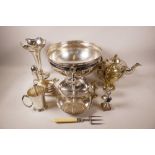 A quantity of silver plated wares including a large pedestal punch bowl, 8½" high x 12", C19th