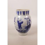 A Chinese blue and white porcelain jar decorated with figures by the water, 7" high