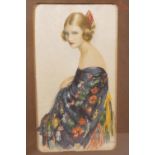 An early C20th silk work of a beautiful girl, 7" x 12½"