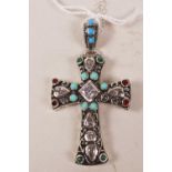 A 925 silver crucifix pendant necklace set with semi-precious stones, 2½"