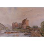 J.W. Dugas, Eilean Donan Castle, signed, watercolour, 14" x 11"