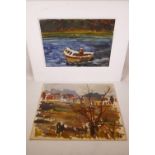 Russian School, river scene with fisherman in a boat, signed, oil, together with another oil, of