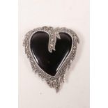 A 925 silver and marcasite heart shaped brooch, 2" x 1½"