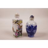 A Chinese blue and white porcelain snuff bottle, together with a polychrome porcelain snuff