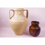 A large studio pottery two handled Grecian style vase, 15" high, together with a smaller studio