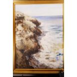 Rocky coastal landscape, signed indistinctly 'Becky', oil on board, 12" x 15½"