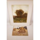 William Tatton Winter, corn stooks in a field, signed watercolour, together with a watercolour of