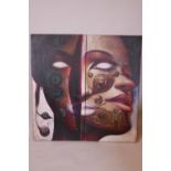 Virat Rungpayak, surrealist diptych portrait, signed, unframed oil on canvas, 24" x 47"