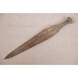 An Oriental bronze short sword with verdigris and copper patina, 14½" long