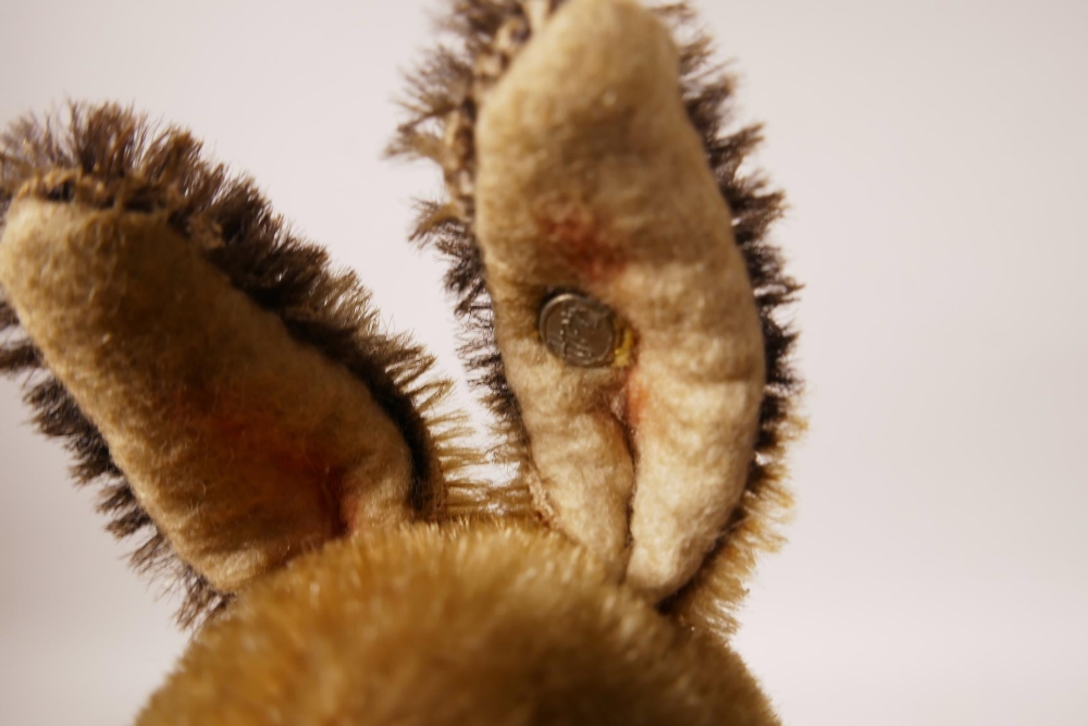 A 1952/53 Steiff begging rabbit, golden mohair, fixed limbs, brown and black glass eyes, red - Image 3 of 8