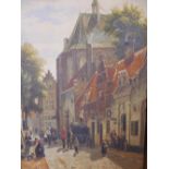 In the manner of Adrianus Jacobus Vrolyk, Dutch street scene, bears signature, oil on canvas, 18"