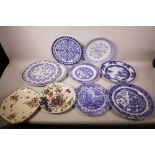 A quantity of blue and white china plates including Spode Italian, a Royal Doulton Old Leeds Spray
